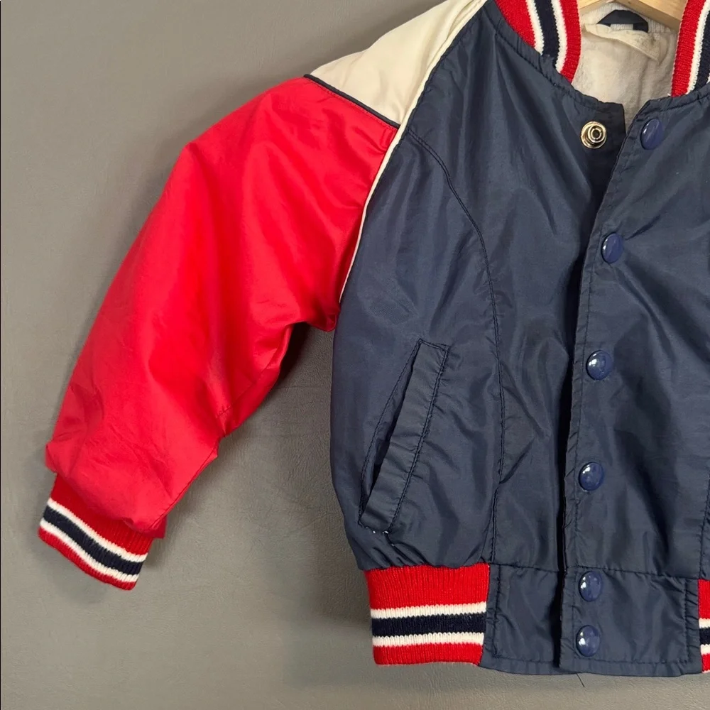 Vintage Kids Varsity Bomber Jacket Red White Blue Nylon Snap Front 70s-80s